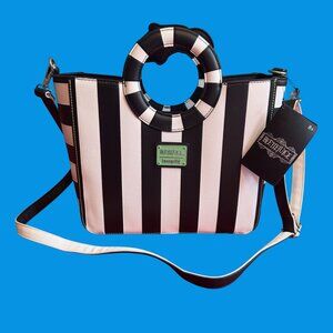 Beetlejuice Loungefly Striped Crossbody Bag With Sandworm Handle Black & White